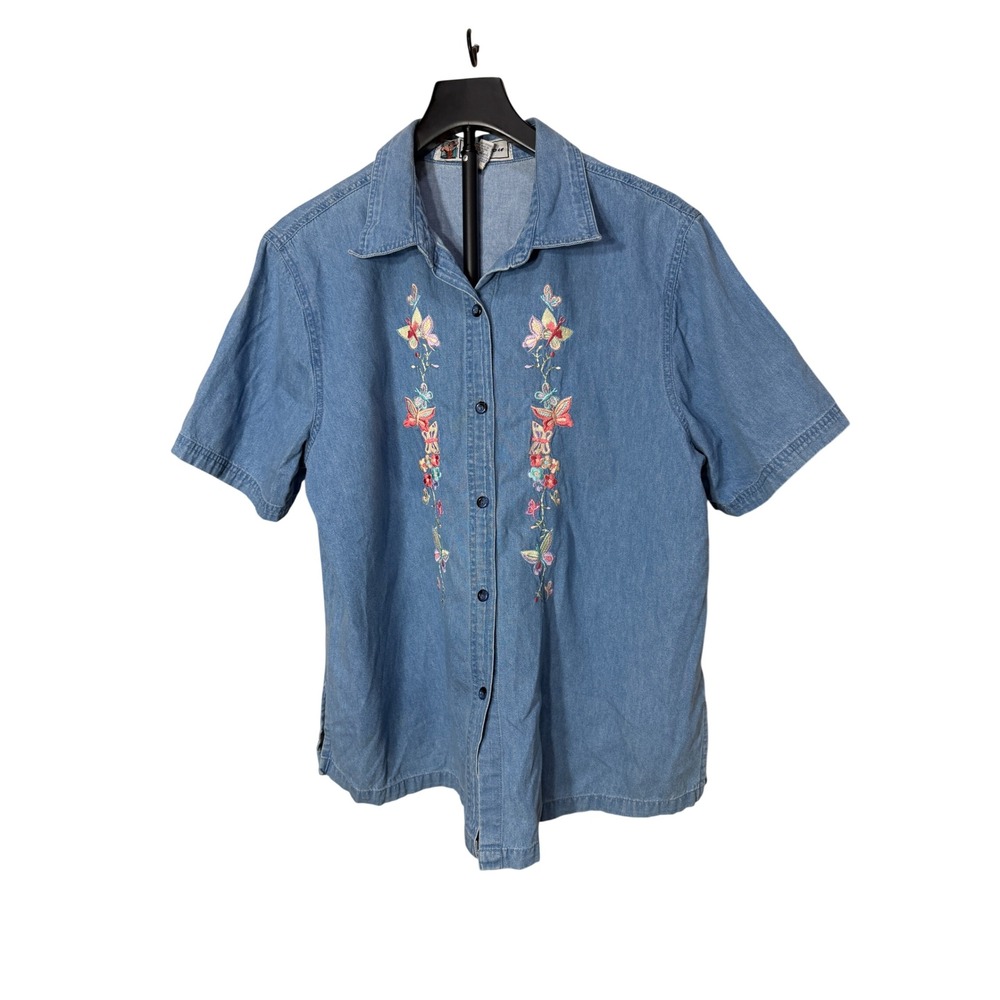 Passion Womens Large Blue Denim Short Sleeve Embroidered Butterfly Floral Shirt